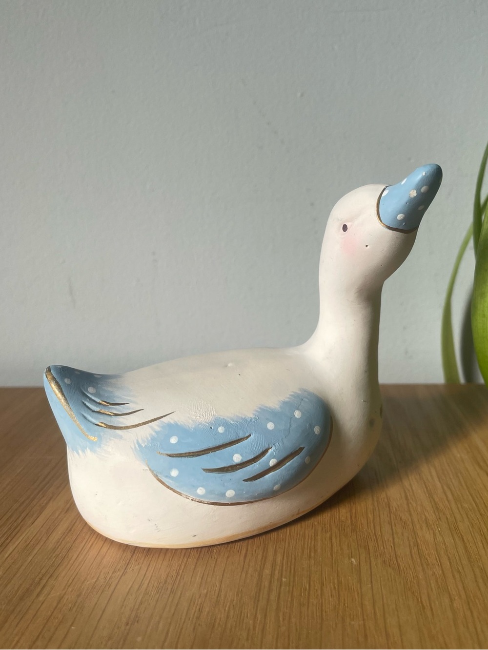 Vintage 1980s Ceramic Duck Goose Pomander Blue & White Polka Dot Country Chic